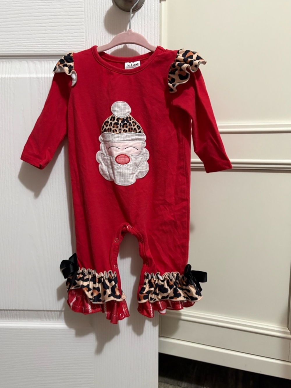 Red Santa Appliqué Ruffle Accents with Leopard Trim 6-12M